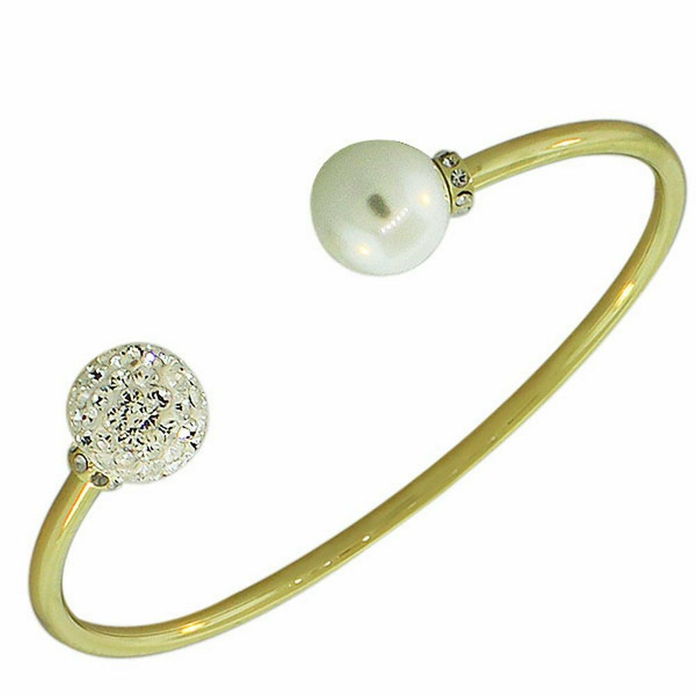 

Fashion Gold-Tone White CZ Simulated Pearl Open End Bangle Bracelet
