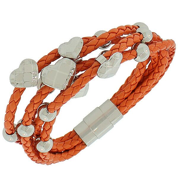 

Fashion Orange PU Leather Silver-Tone Love Heart Multi-Row Layer Bracelet