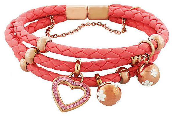 

Fashion Pink PU Leather Rose Gold-Tone CZ Love Heart Multi-Row Layer Bracelet