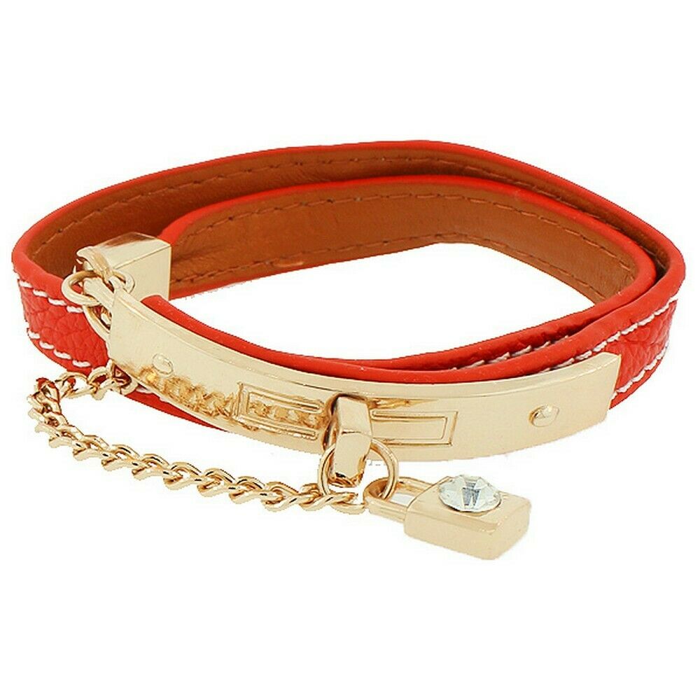 

Fashion Red PU Leather Rose Gold-Tone Padlock CZ Double Row Wristband Bracelet