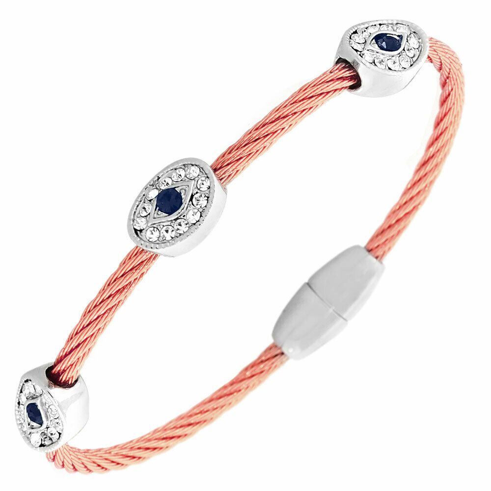 

Fashion Rose Gold Silver-Tone White Blue Crystals CZ Evil Eye Bangle Bracelet