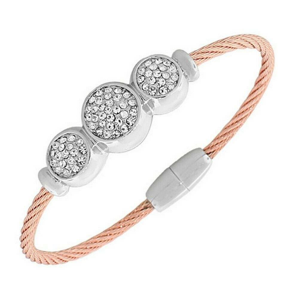

Fashion Silver Rose Gold-Tone White Cystals Twisted Cable Womens Bangle Bracelet
