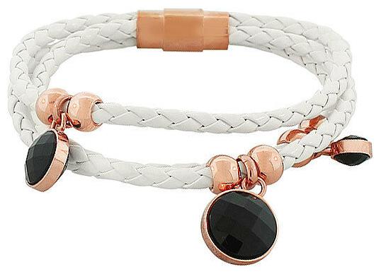 

Fashion White Faux PU Leather Rose Gold-Tone Black CZ Multi-Row Layer Bracelet