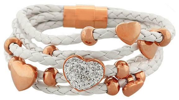 

Fashion White PU Leather Rose Gold-Tone CZ Love Heart Multi-Row Layer Bracelet
