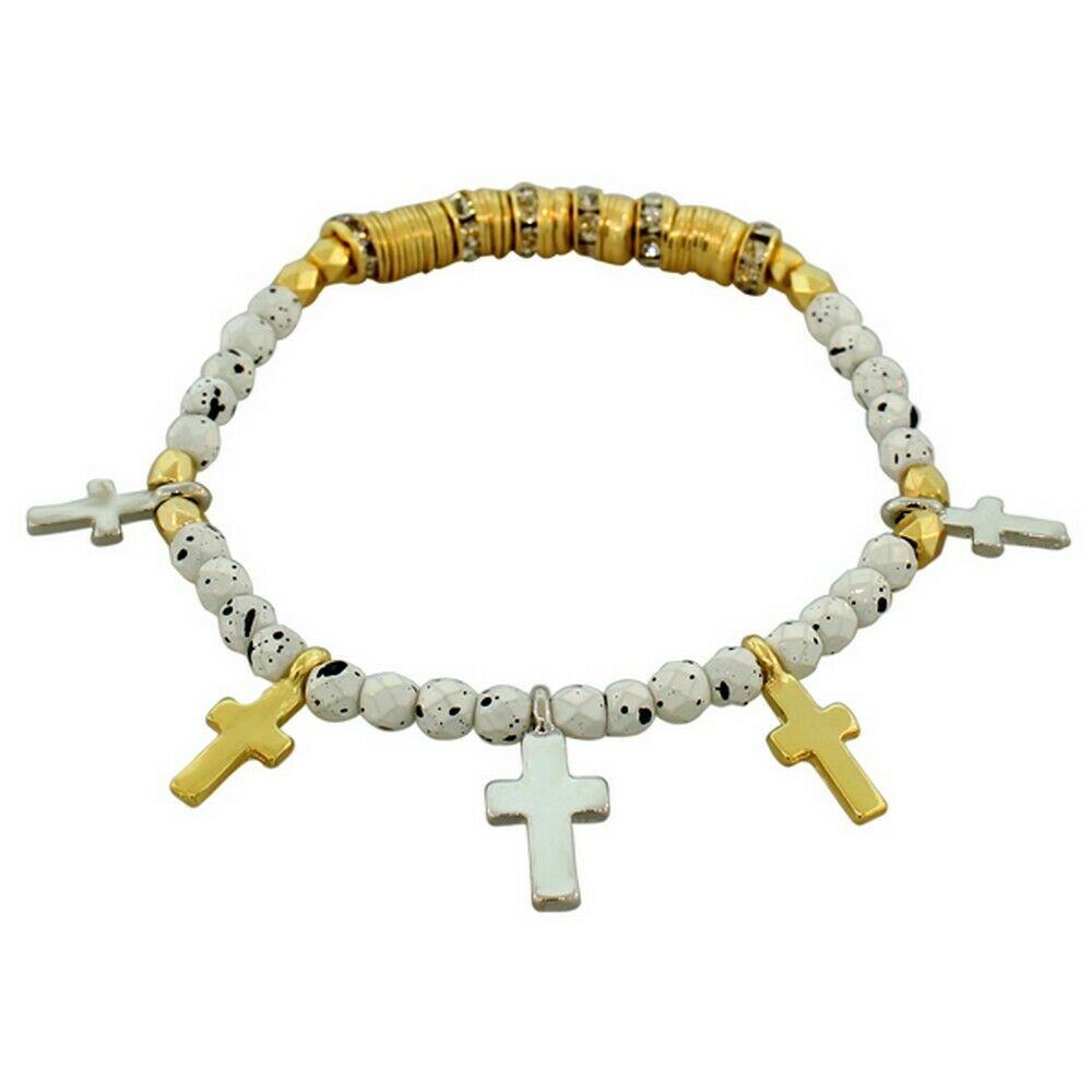 

Fashion White Gold Silver Latin Cross Religious Stretch Beaded Bangle Bracelet