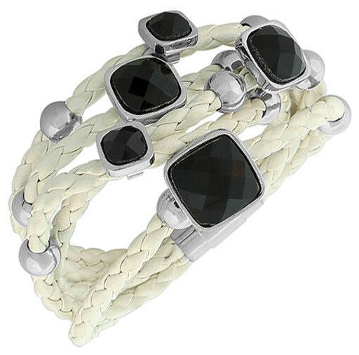 

Fashion White PU Leather Rose Gold-Tone Black Stones Heart Multi-Row Bracelet