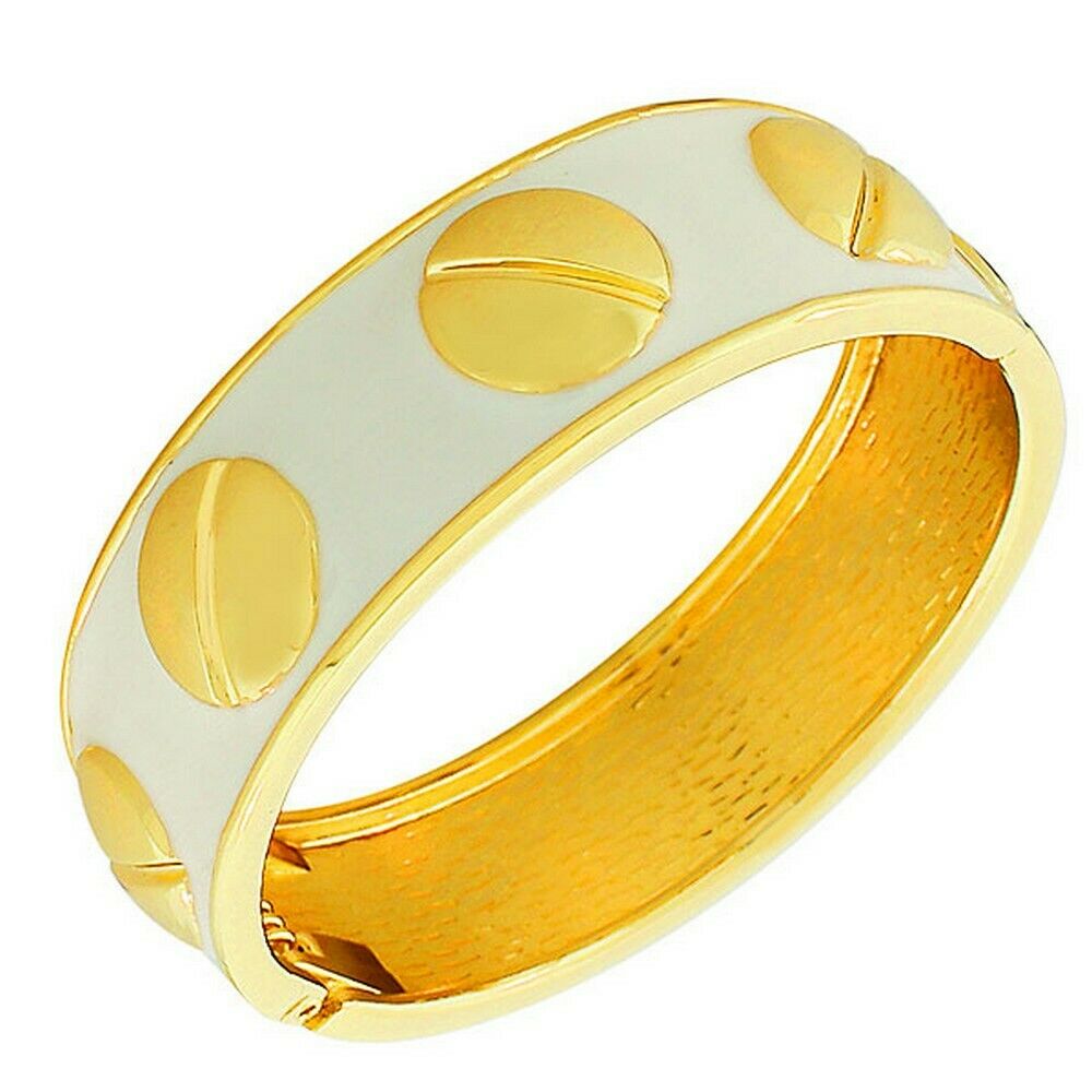 

Fashion Yellow Gold-Tone White Enamel Bangle Bracelet with Clasp