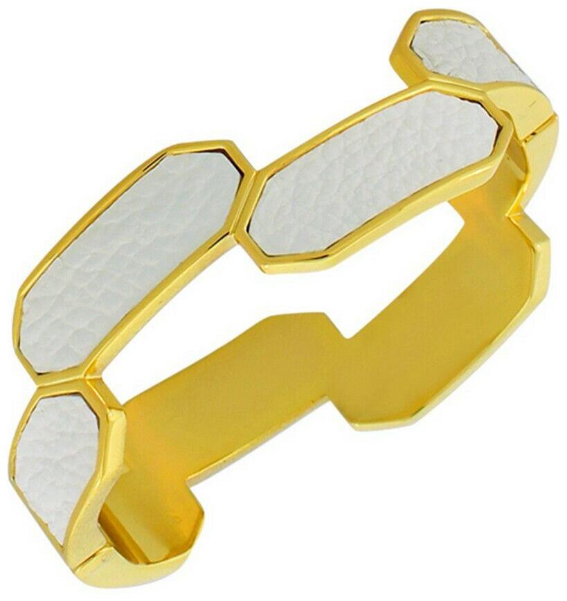 

Fashion Yellow Gold-Tone Faux White Leather Womens Bangle Bracelet with Clasp