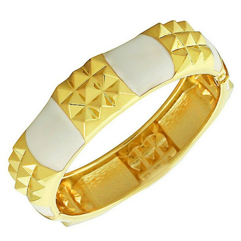 

Fashion Yellow Gold-Tone White Enamel Spikes Womens Bangle Bracelet with Clasp