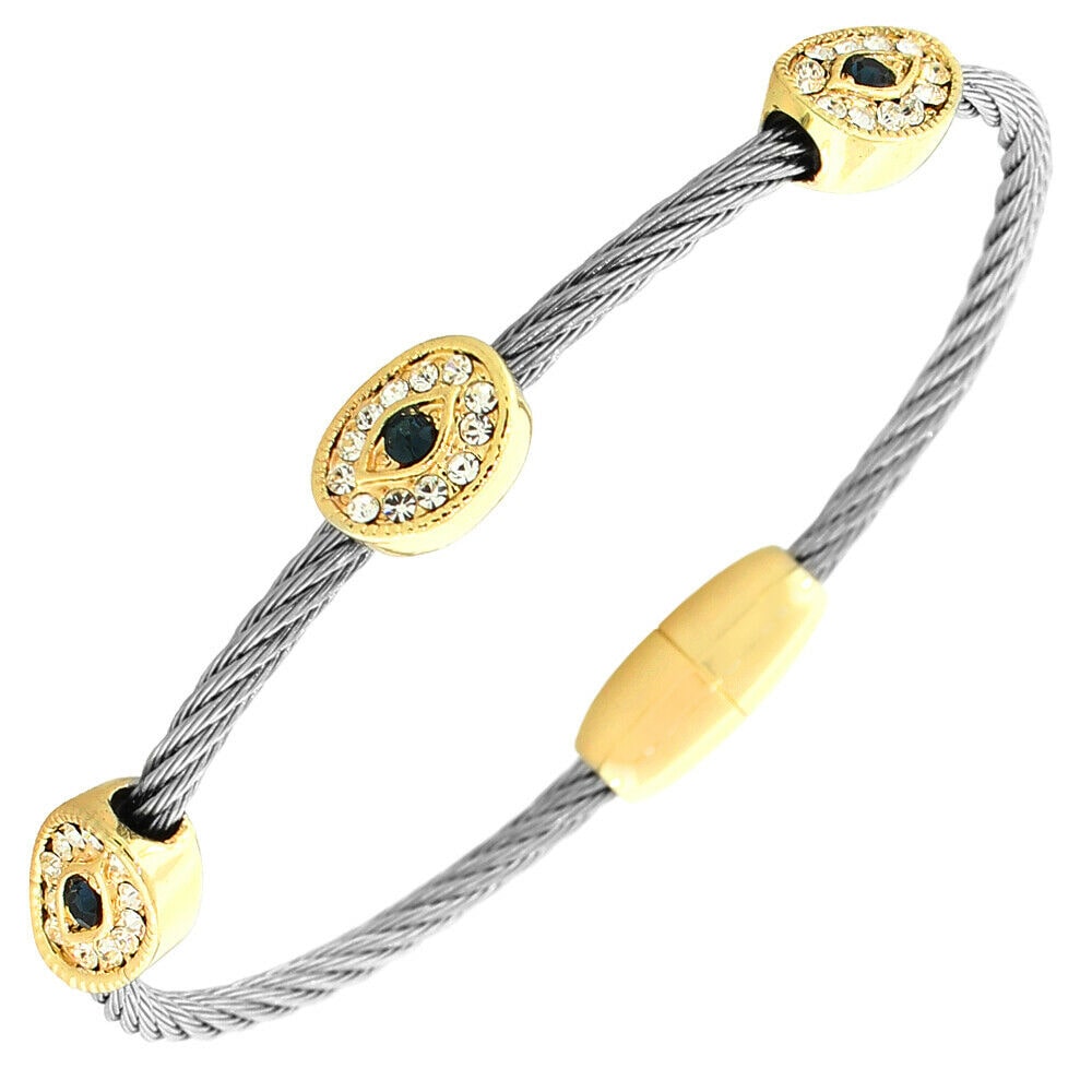 

Fashion Yellow Gold Silver-Tone White Blue Crystals CZ Evil Eye Bangle Bracelet