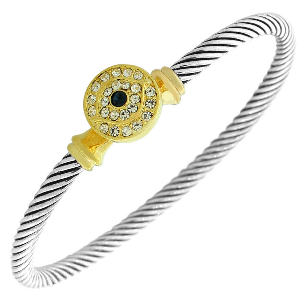 

Fashion Yellow Gold Silver-Tone White Blue Crystals CZ Evil Eye Bangle Bracelet