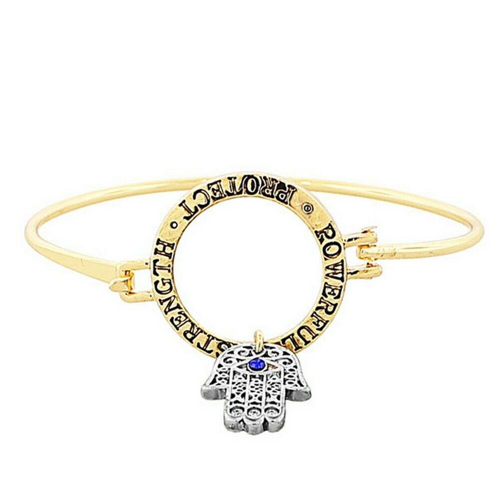 

Fashion Yellow Gold-Tone Hamsa Evil Eye Protection Womens Bangle Bracelet