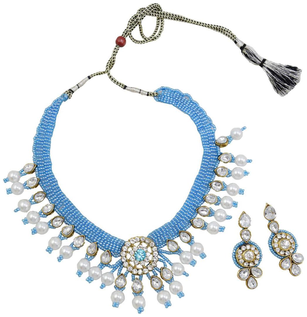 

Fashionvalley Sky Blue White Beads Diamond Stone Pendant Choker Necklace Set