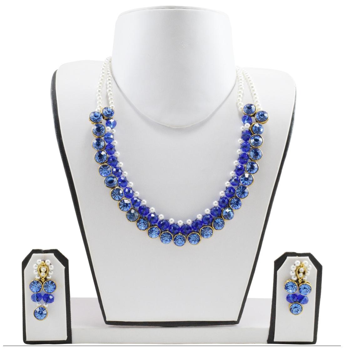 

Fashionvalley Blue Crystal Beads White Pearl Kundan Necklace Set
