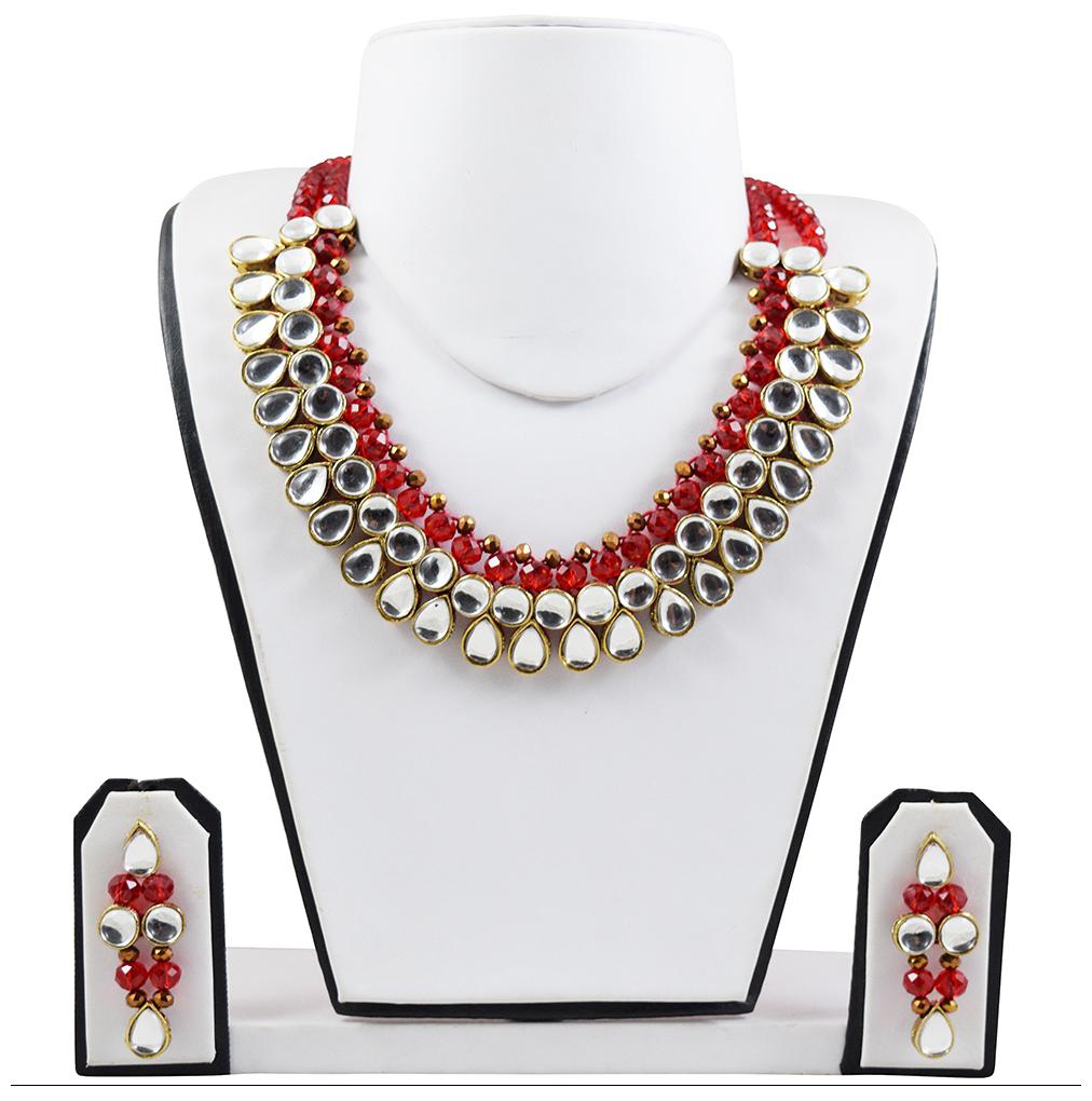 

Fashionvalley Red Crystal Beads Kundan Necklace Set for Women