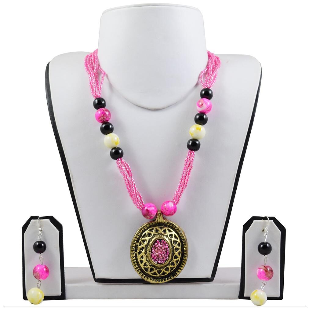 

Fashionvalley Pink Jeko Moti Antique Pendant Necklace Set for Women