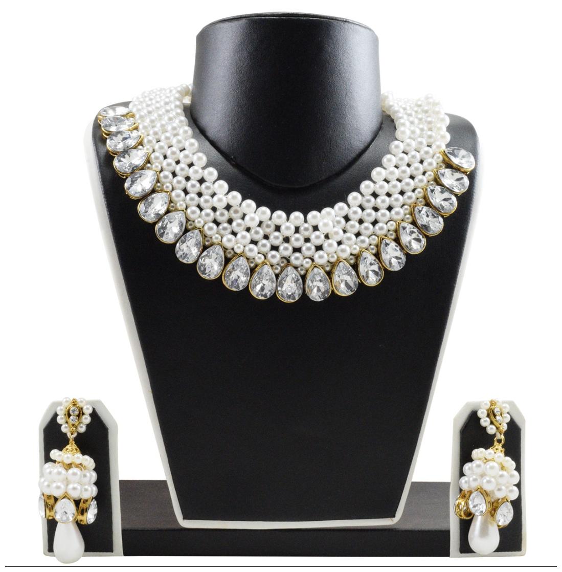 

Fashionvalley Handmade White Pearl Kundan Necklace Set with Earrings