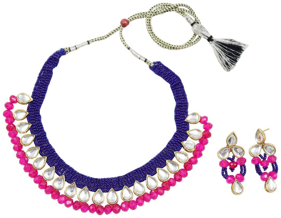 

Fashionvalley Blue Jeko Moti Pink Crystal beads Kundan Necklace Set