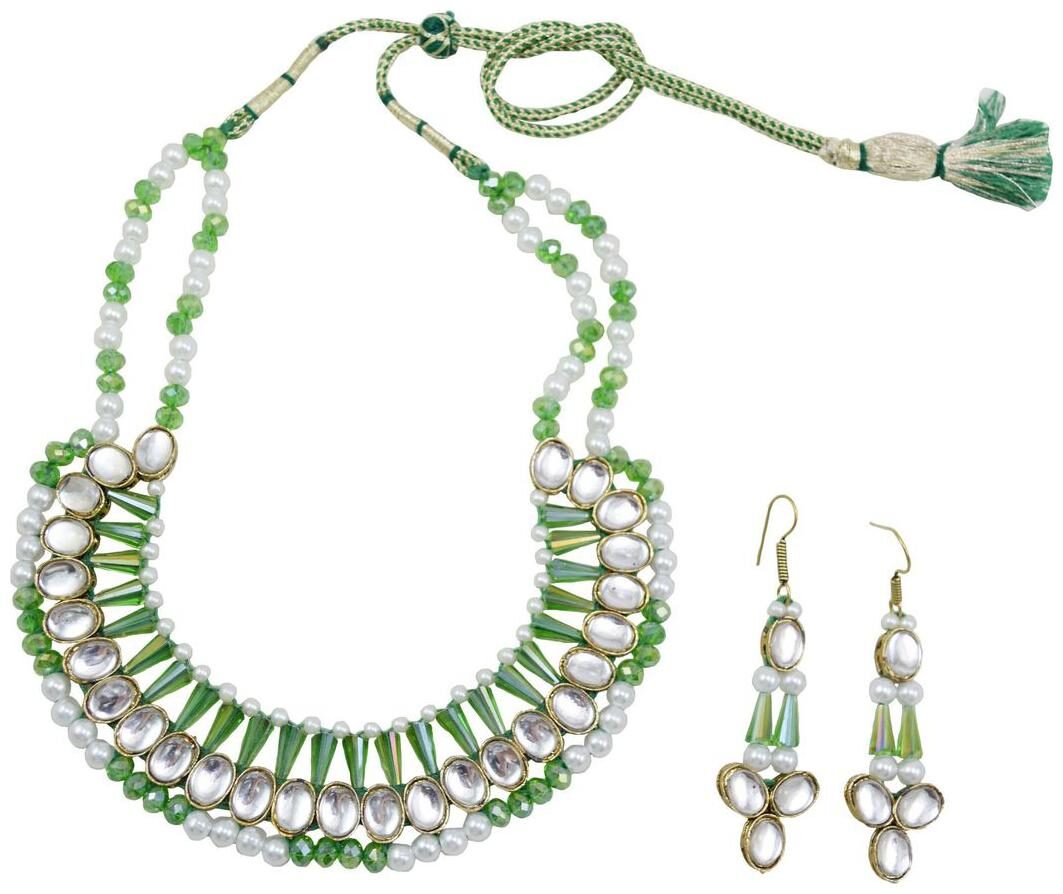 

Fashionvalley Green White Designer Beads Kundan Necklace Set for Women Girls