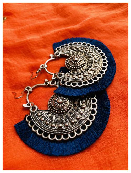 

Fashlook Half Moon Navy Blue Tassel Ethnic Metal Earring For Girls