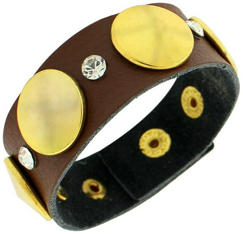 

Faux Brown Leather Yellow Gold-Tone White CZ Wristband Wrap Bracelet