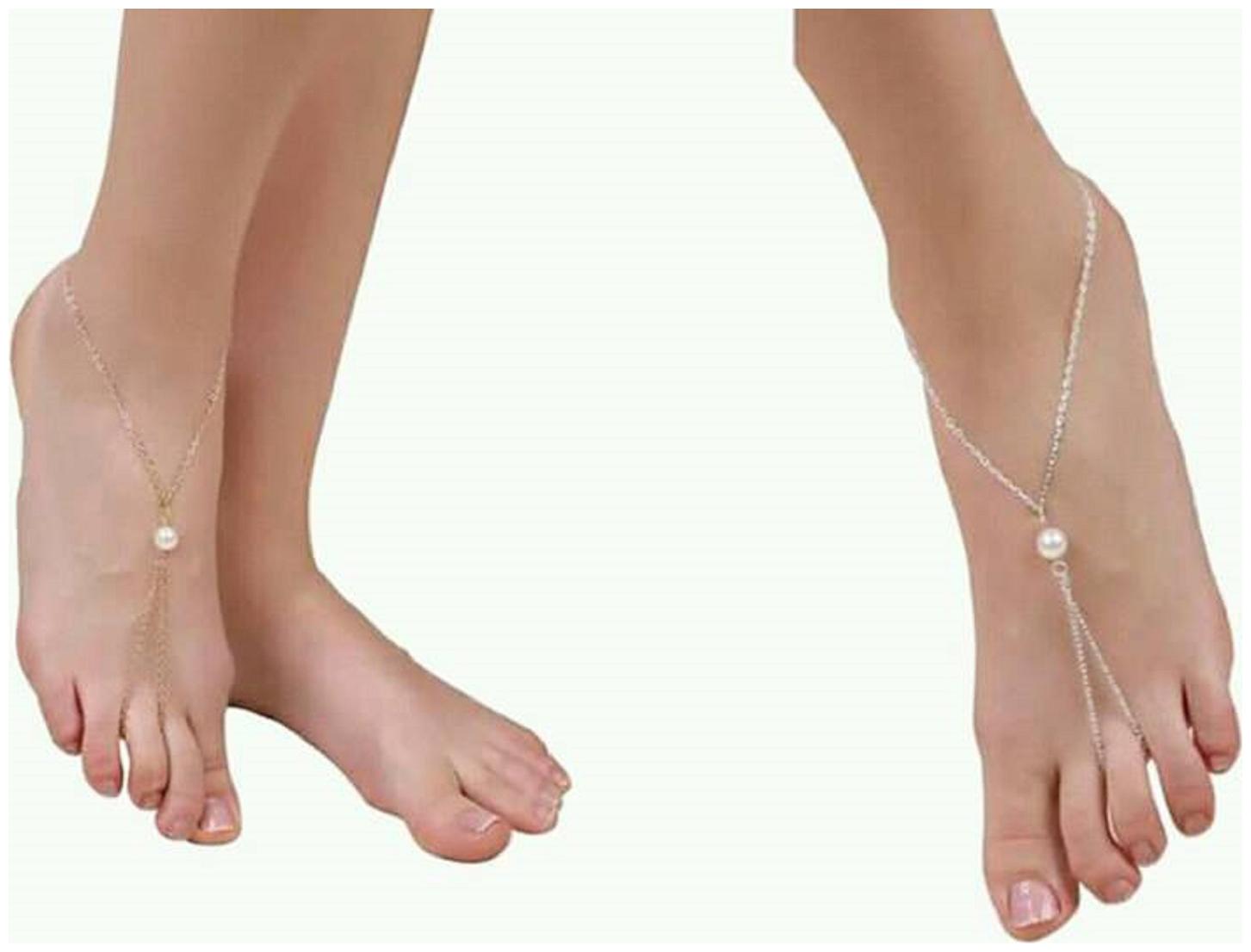 

Femnmas Antique Golden Silver Color Alloy Metal Pearl Bead Toe Ring Anklet (2 Pairs) for Women Girls