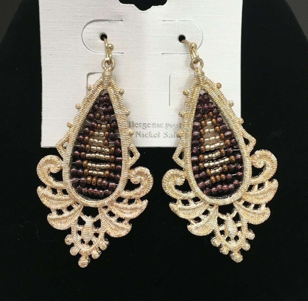 

Filigree Gold Tone Brown Gold Seed Bead Dangle Earrings J1-14 2