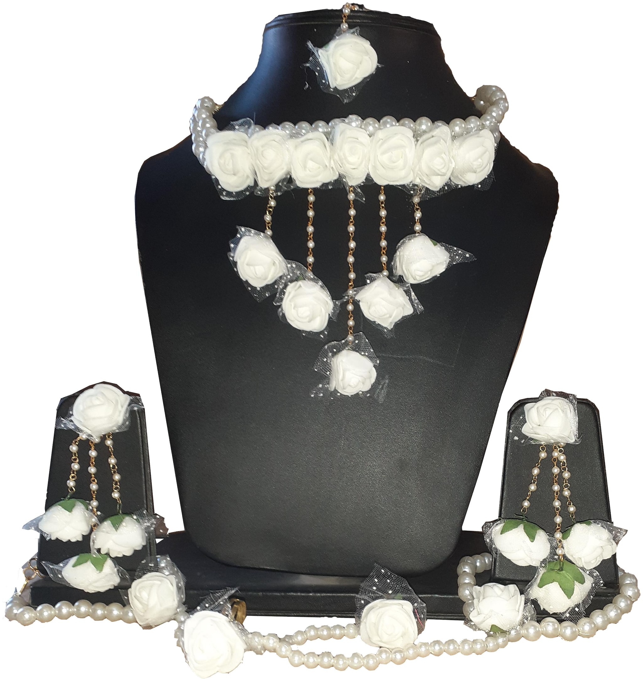 

Fintan Handmade White Flower Gota Patti Jewellery With Necklaces Earrings Bracelets And Maang Tika For Girls And Women