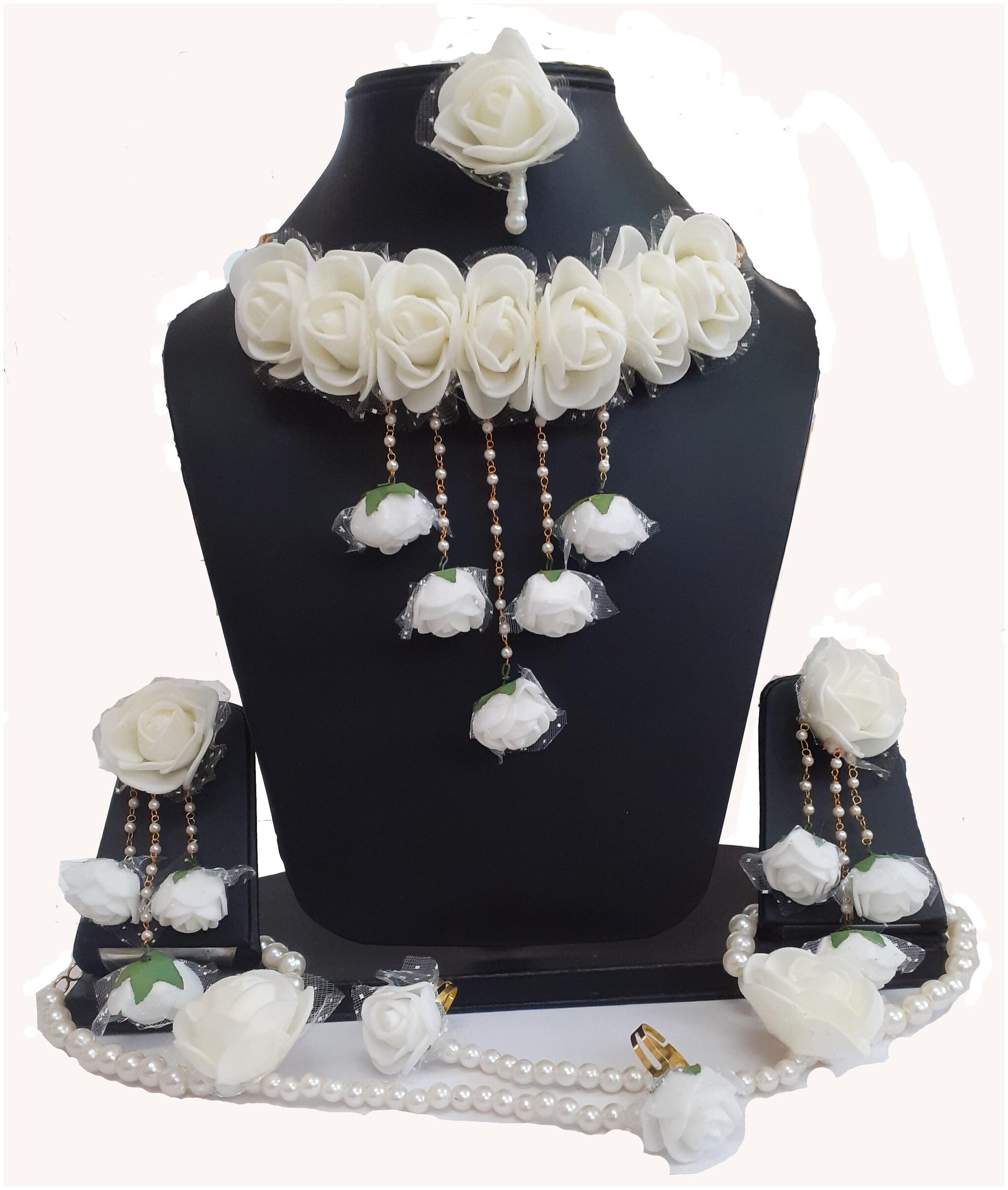 

Fintan Handmade White Non-Precious Metal Flower Gota Patti Jewellery With Necklaces Earrings Bracelets And Maang Tika For Girls And Women