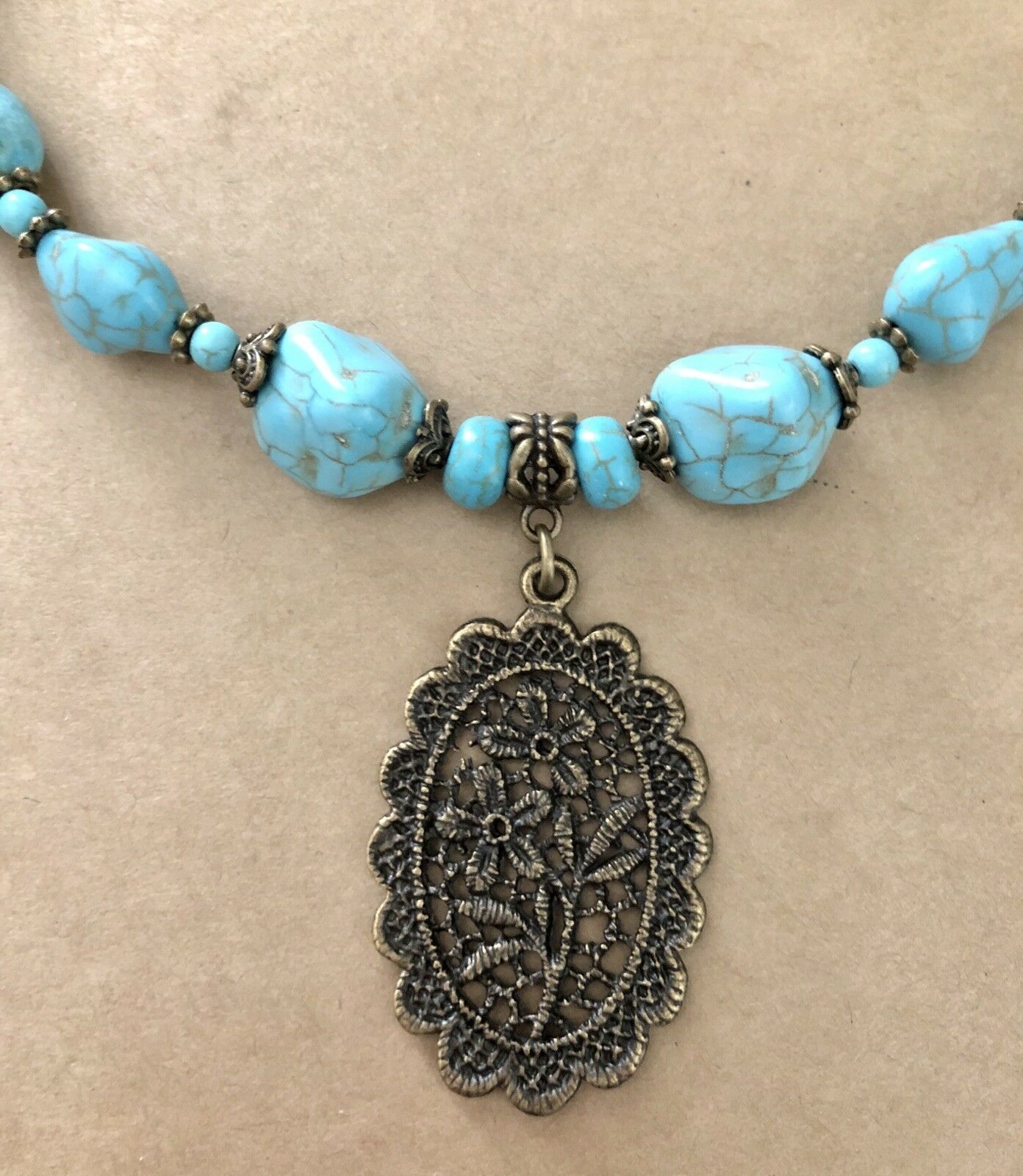 

Floral Embroidered Oval Necklace Bohemian Turquoise 18 2 Artisan USA 1603