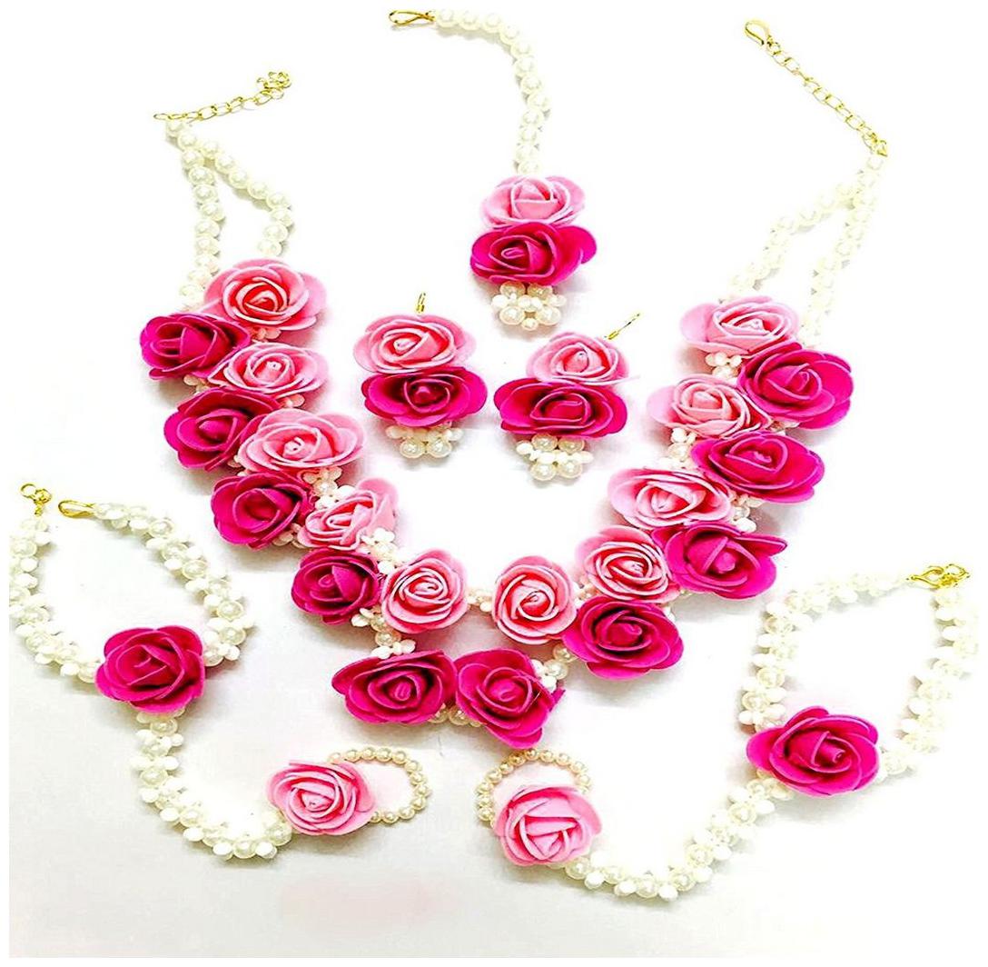 

Floret Jewellery Beautiful Pearl Designer Pink Flower Jewellery Set With 6 Items For Women Girls (Mehandi Haldi Wedding Bridal)