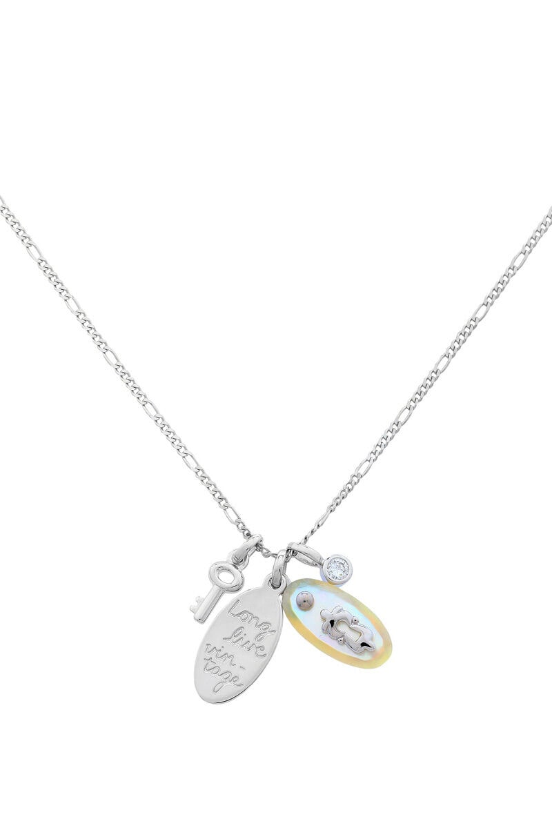

FOSSIL SILVER TONE MOP KEY LOCK CRYSTAL MULTI CHARMS CHAIN NECKLACE JF16820040
