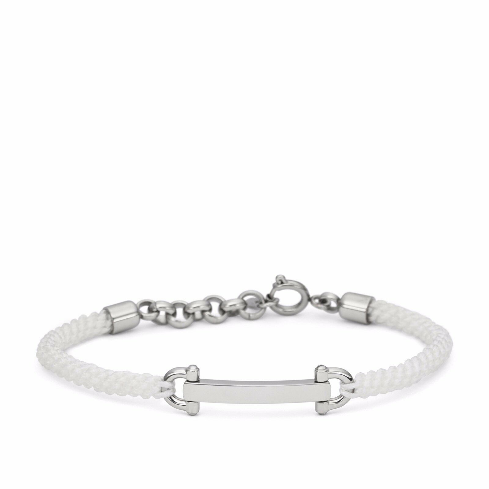 

FOSSIL WHITE MACRAME POLISHED STEEL D-LINK ID PLAQUE BRACELET JF01292040