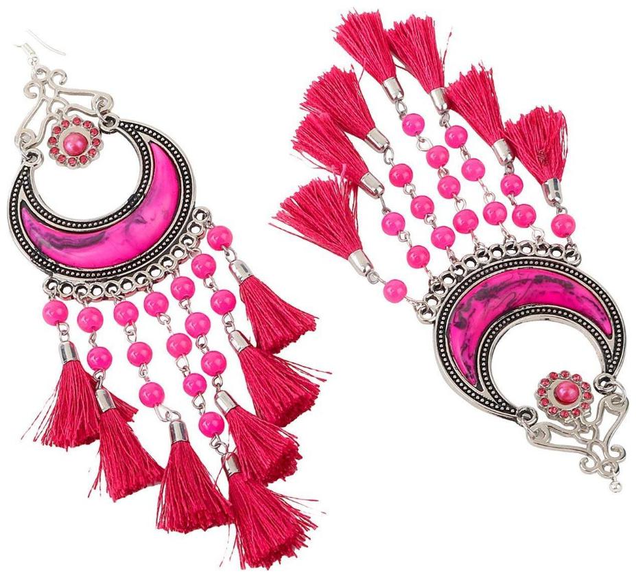 

Foxy Trend Afghani Silver Oxidised Dangle Chandbali Earrings With Tassel Fancy Stylish Party Wear for Women