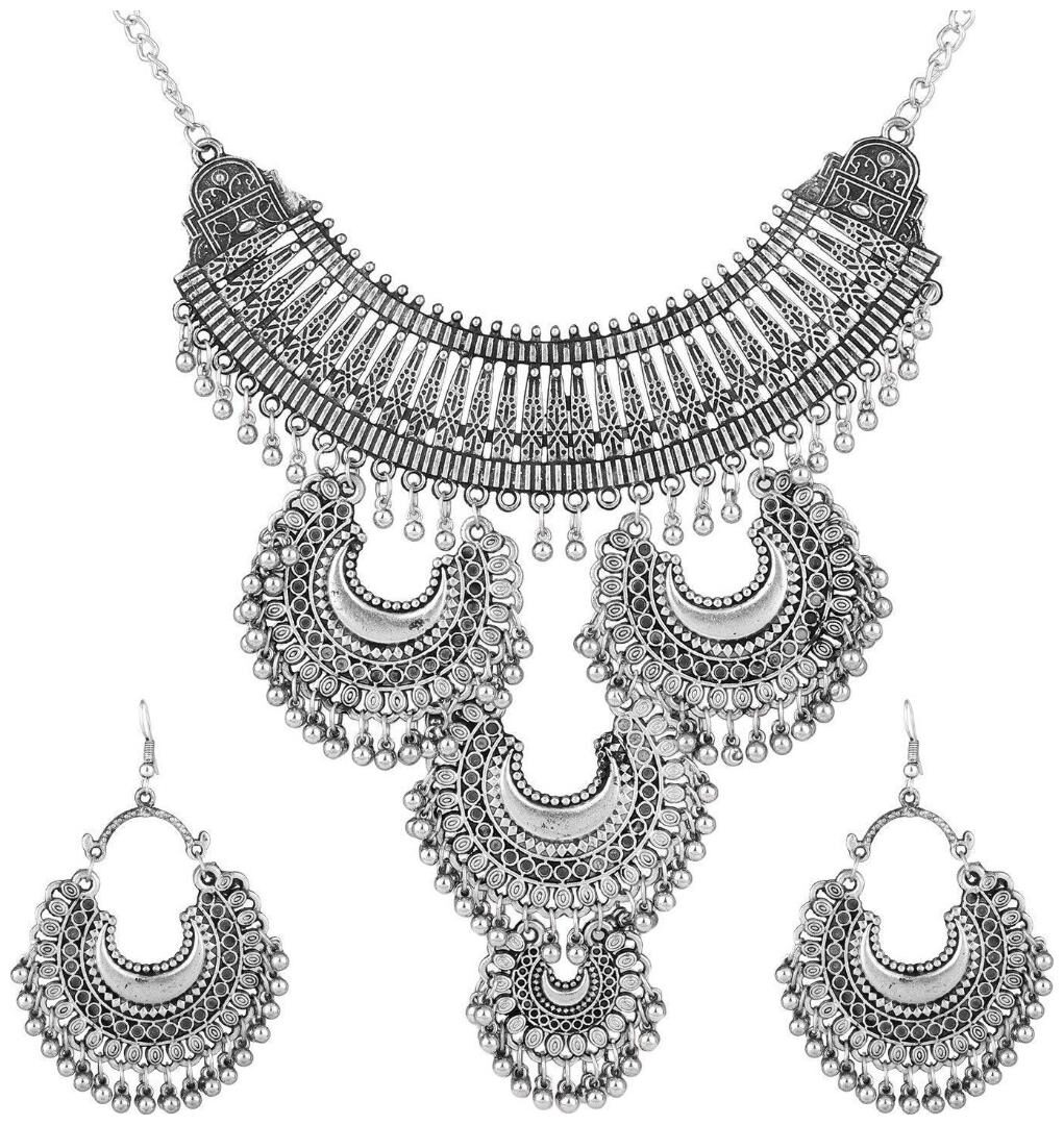 

Foxy trend Cardinal Silver Oxidised Mirror Designer Afghani Traditional Necklace Pendant Set Earring for Women Girls