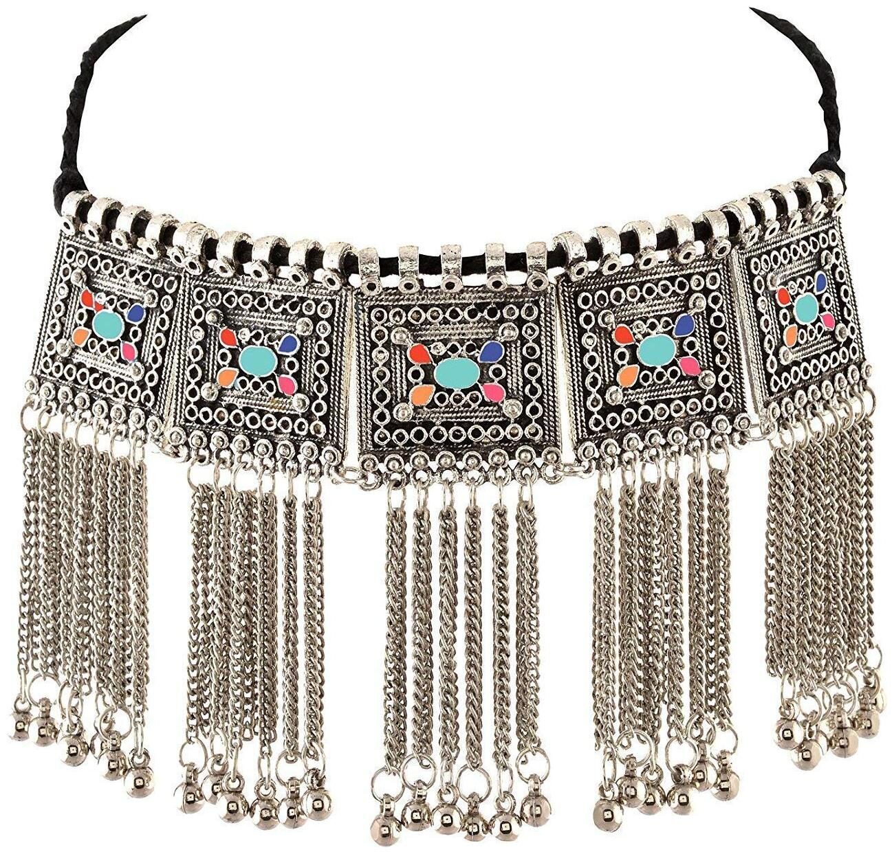 

Foxy Trend Oxidised Silver-Plated Floral Stone-Studded Afghani Necklace for Women