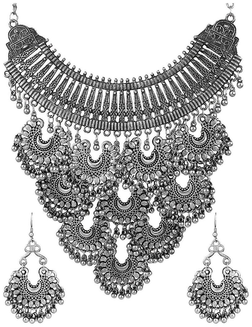 

Foxy Trend Silver Oxidised Mirror Designer Afghani Traditional Necklace Necklace Set Earring for Women Girls