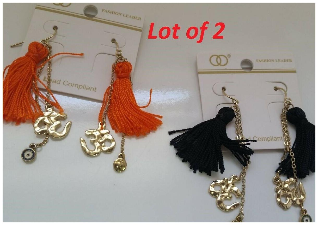 

Fringe Style Earrings Black Orange Tassel Gold metal Om Aum Symbol W2-2 22