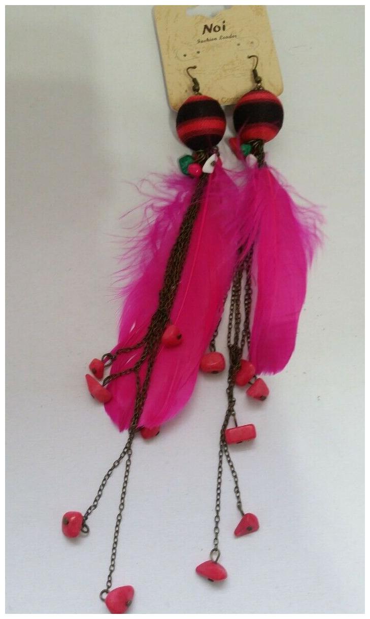 

Fuchsia Feather Brass Chain Bohemian Long Drop Earrings stones beads Z06-19 22