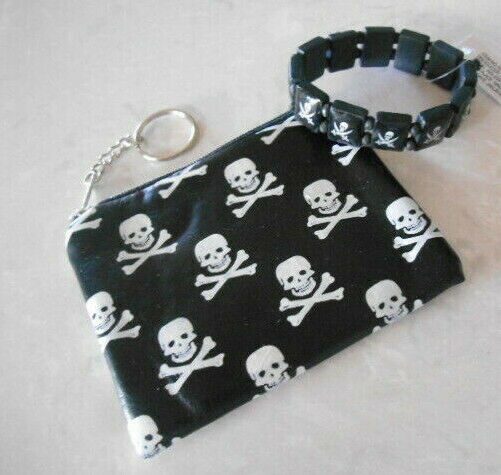 

Fun Pirate Stretch Bracelet and Small Vinyl Zippered Coin Purse Skull Crossbones