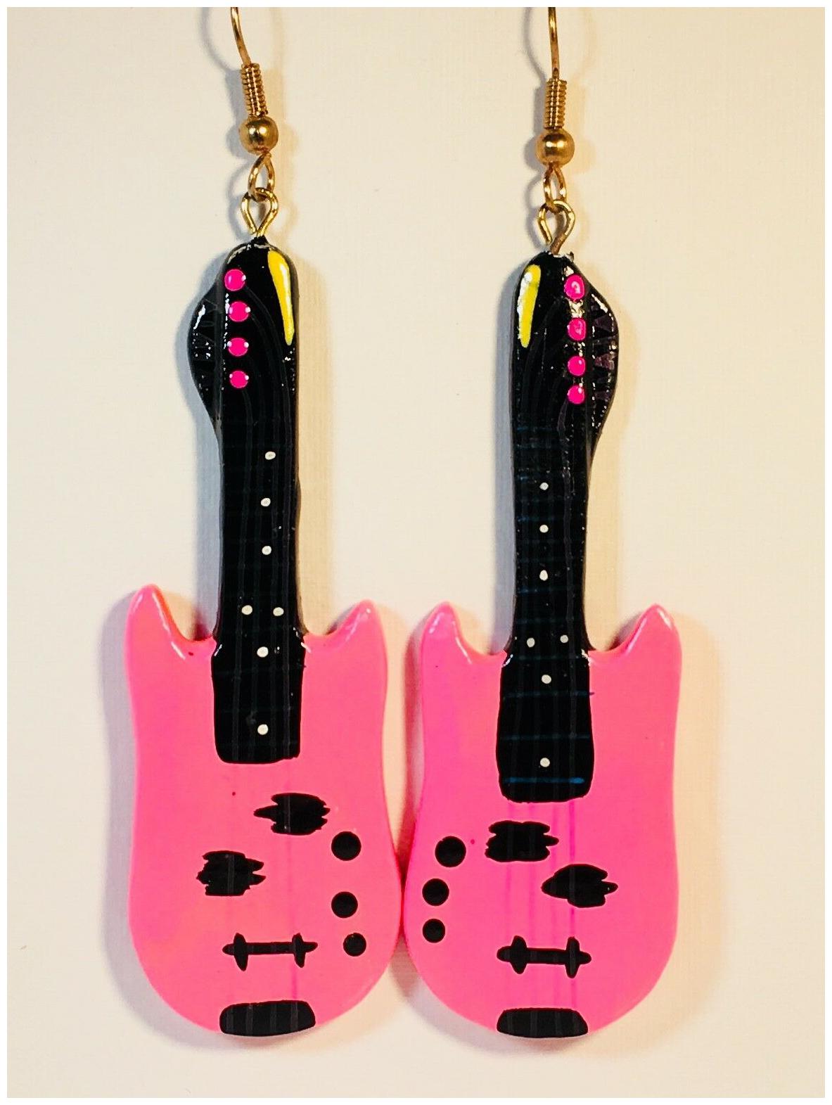 

FUNKY GUITAR EARRINGS Dangle Bali Handmade Blue Orange Pink Collectible RARE