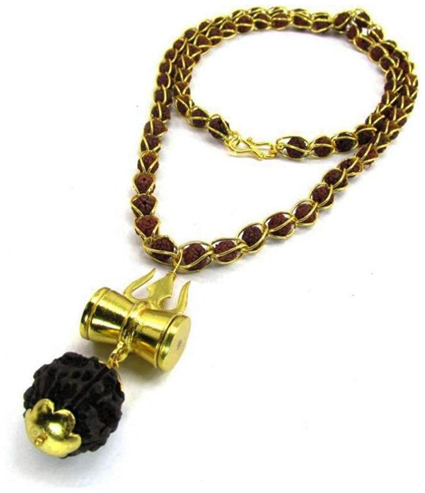 

GEMLOK Brown Shiv Shakti Kavach 5 Mukhi Rudraksha Mala with Trishul and Damru Brass Necklace