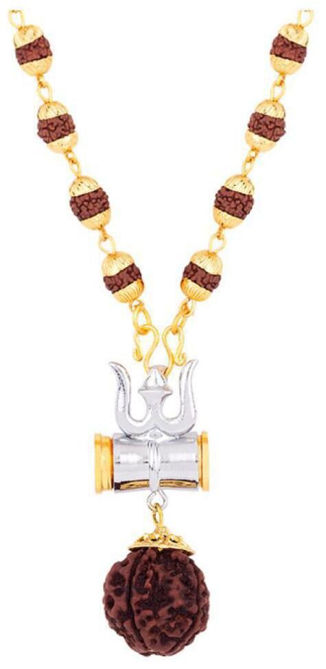 

GEMLOK Nickel and Brown Wood and Brass Kavach Rudraksha Trishula Damru Locket Pendant Necklace