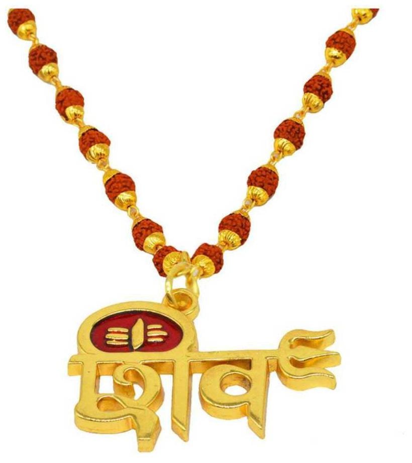 

GEMLOK Shiva And Trishul Trident Flat Shiv Locket With Panchmukhi Rudraksha Mala