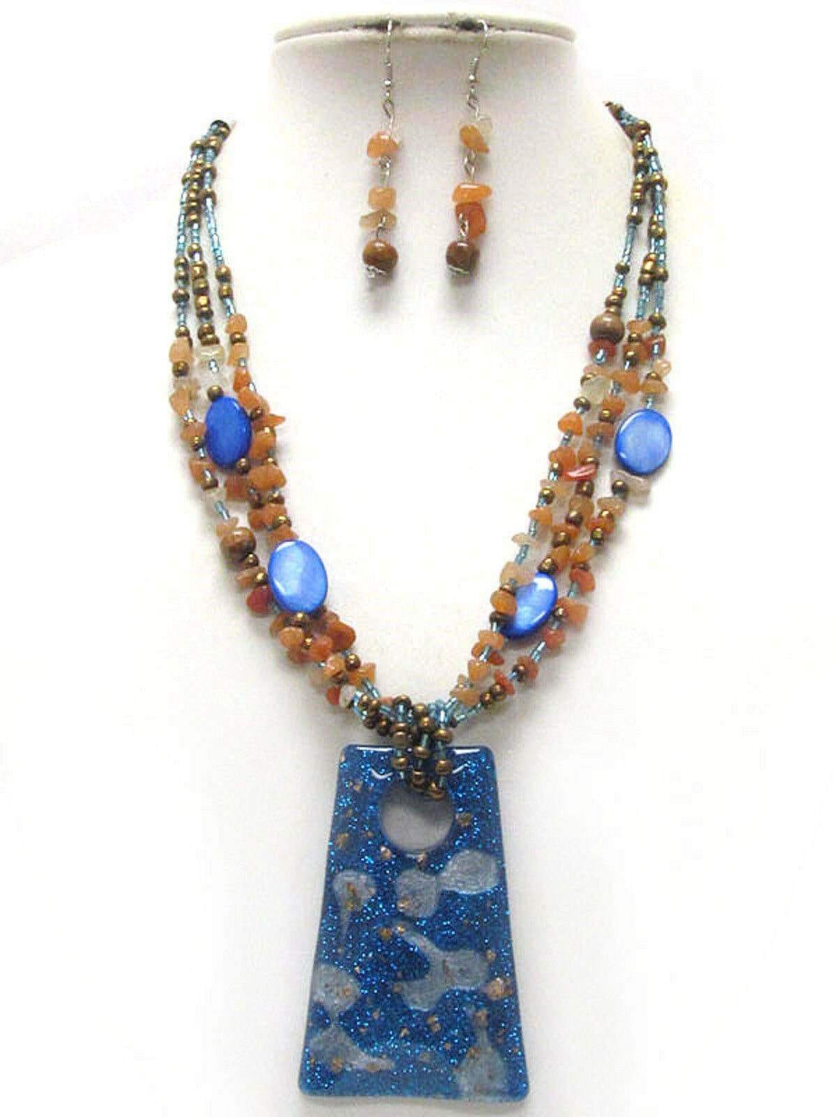 

Gold Blue Ethnic Partywear Stone Pendant Necklace Set Earrings Fashion Jewelry