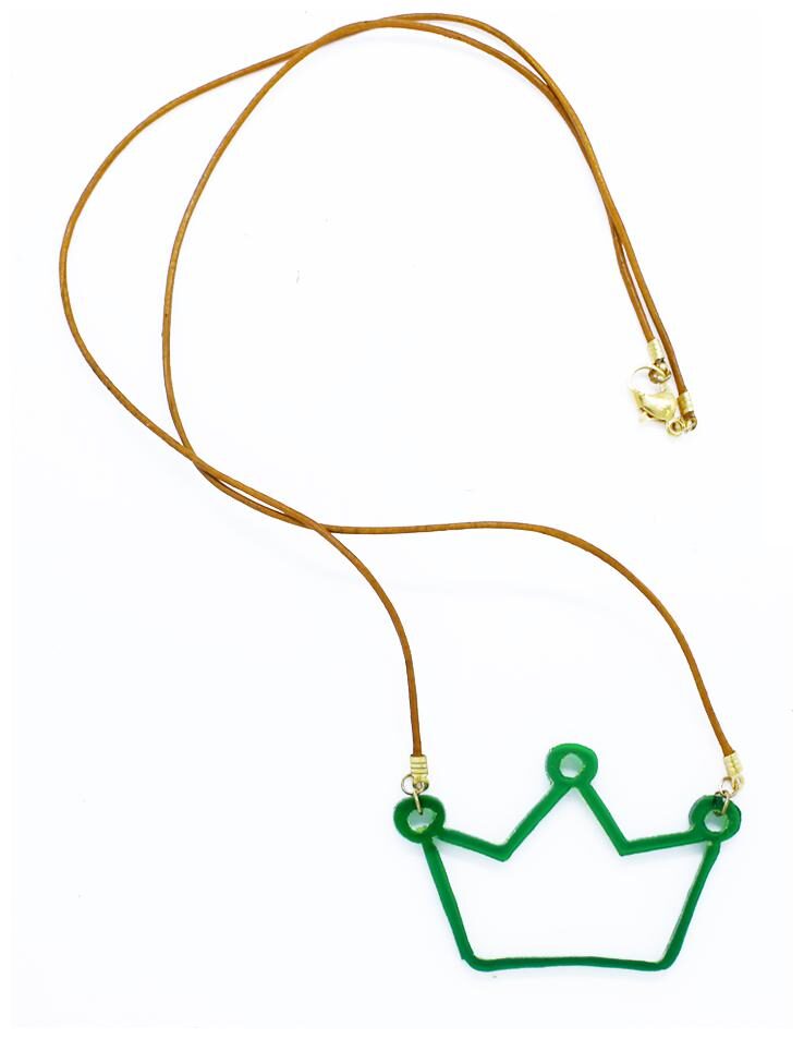 

Gold Nera Crown Design Transparent Acrylic Pop Jewellery Bottle Green Color Necklace with Thin Brown Leather Cord