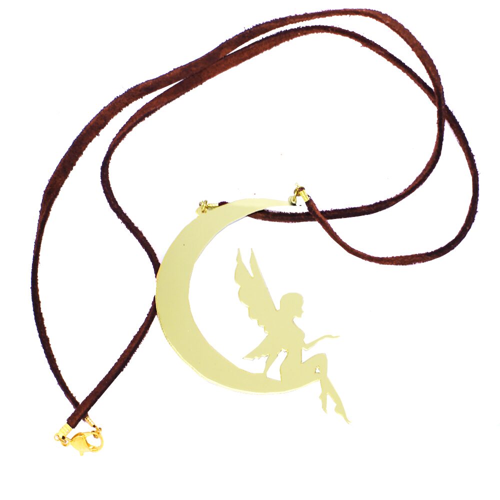 

Gold Nera Pretty Angel Princess Pari Mirror ACRYLIC Pop Jewelry with Maroon Color Leather Cord Long Pendant