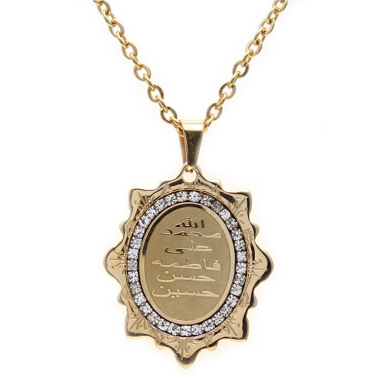 

Gold Pt Crystal Panjtan Allah Muhammad Ali Necklace Islamic Shia Gift Muslim Art