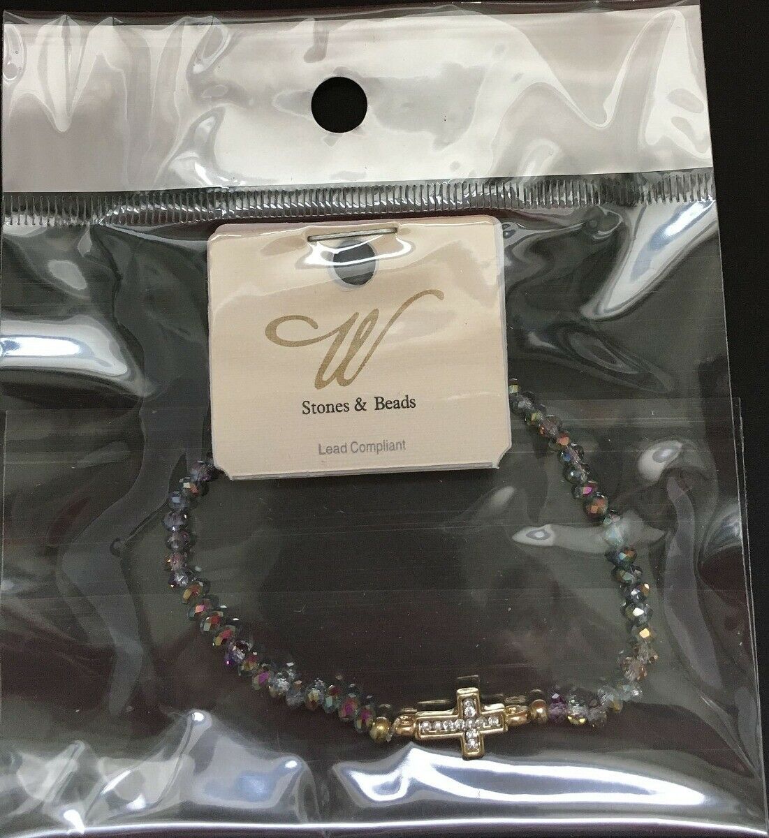 

GOLD TONE CRYSTAL CROSS GREY CLEAR MULTI COLOR GLASS BEADS Bracelet J1-10 2