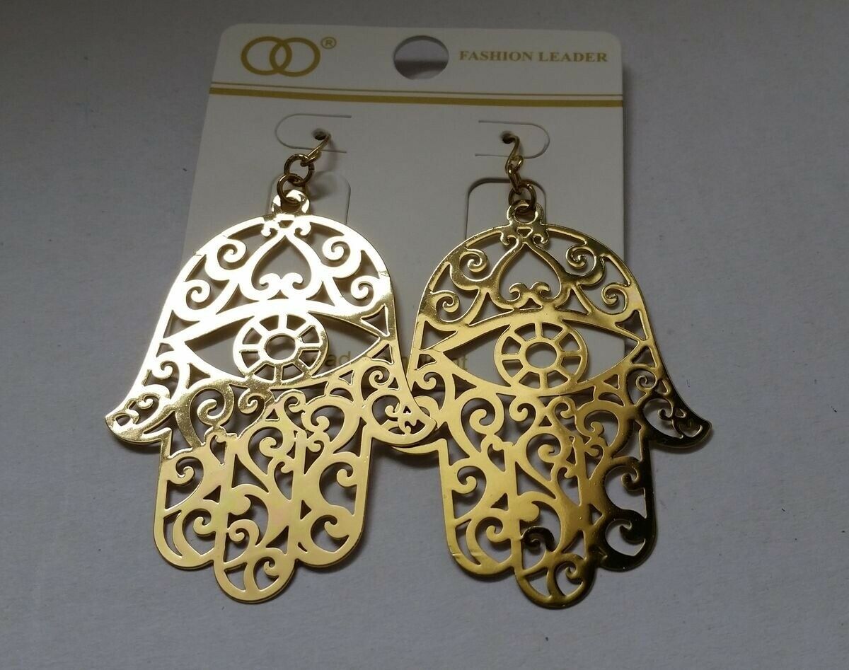 

Gold-tone Metal cut out Filigree Hand Hamsa with evil eye Drop Earrings N28-6 22